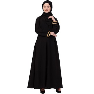 Casual abaya with golden lace at sleeves-Black-golden